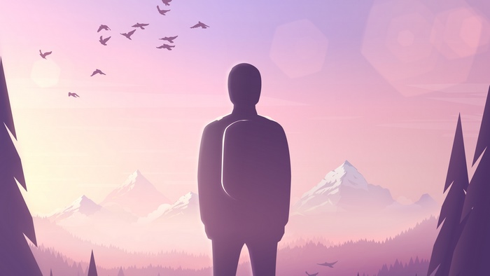 Minimalist artwork of a person with a backpack overlooking mountains