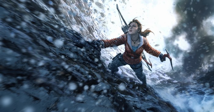 Lara Croft from Tomb Raider climbing a snowy mountain