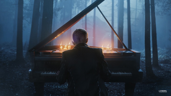 Man playing piano in a foggy forest with candles