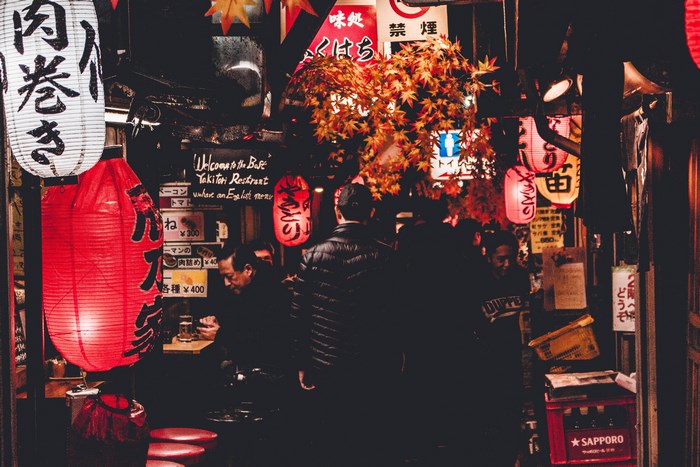 Yakitori restaurant with Japanese lanterns and Sapporo crate