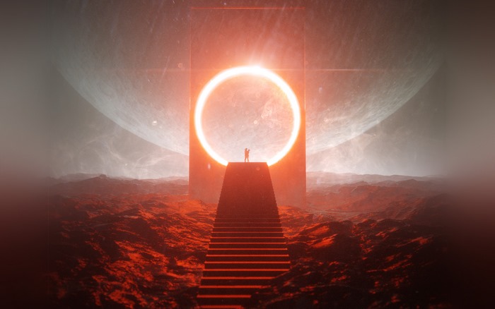 Man standing on stairs in front of glowing portal
