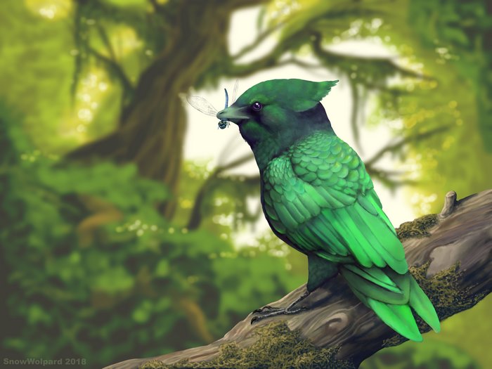 Vibrant Green Bird Holding Insect on Tree Branch 4K