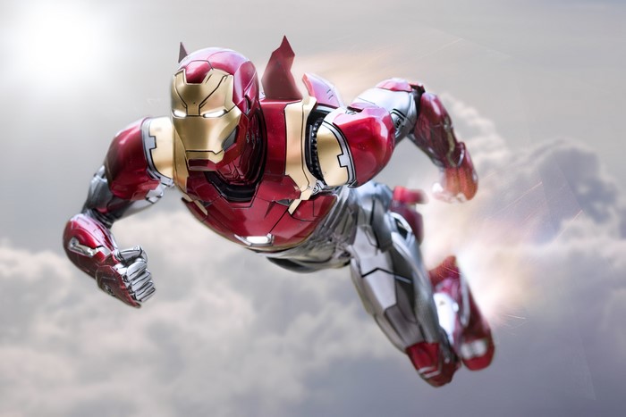Iron Man flying through clouds