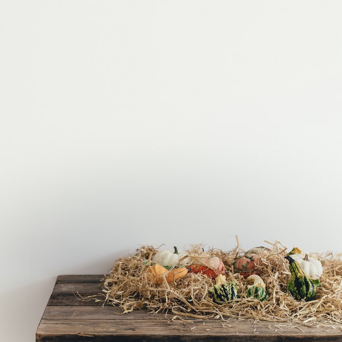 Pumpkins and gourds on a wooden table with straw