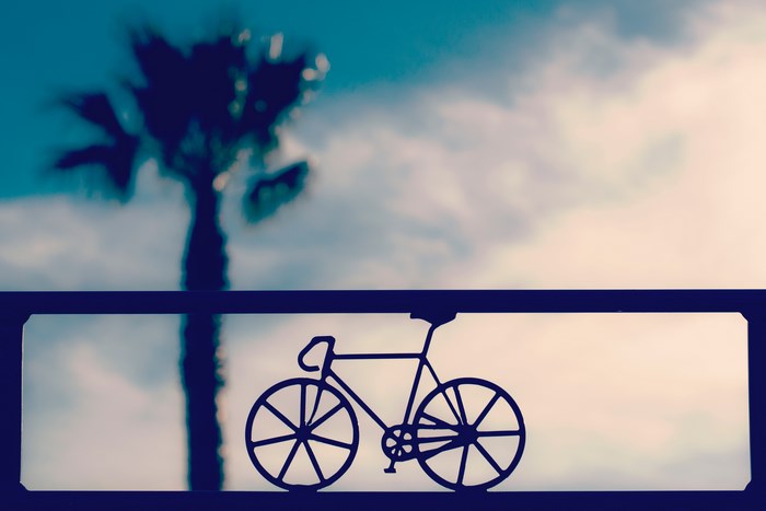 Silhouette of a bicycle on a railing with a palm tree