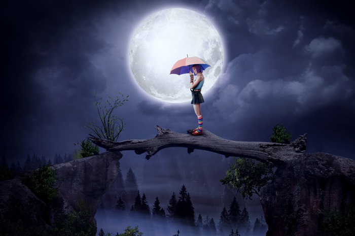 Girl with Umbrella on Tree Bridge Under Full Moon 4K
