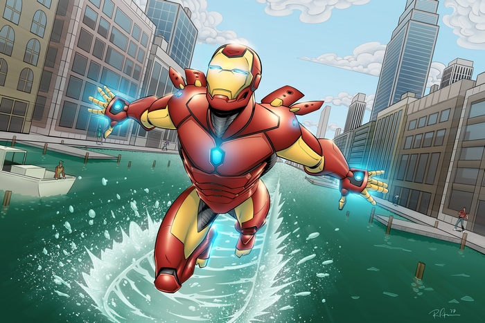 Iron Man flying over a canal in a city