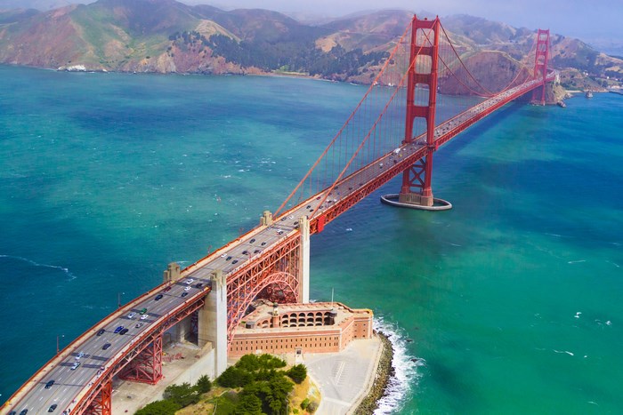 Aerial view of the Golden Gate Bridge with traffic