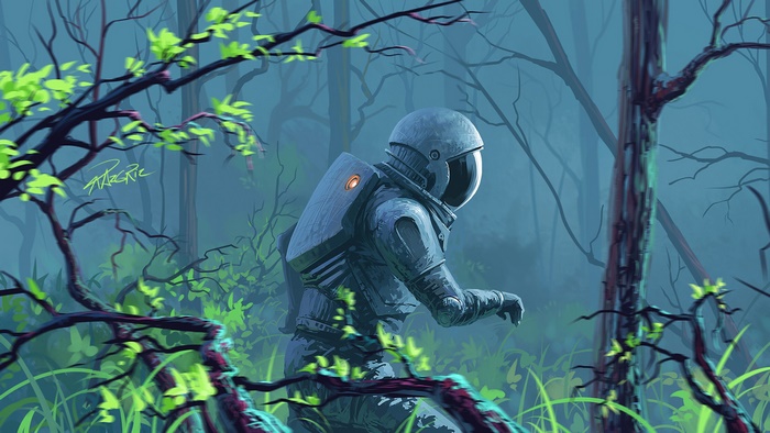 Astronaut in a misty forest with new leaves
