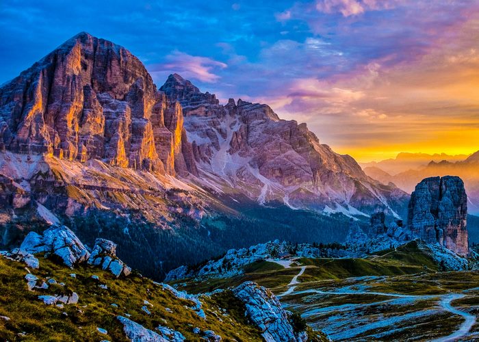 Mountain range at sunrise with dramatic lighting