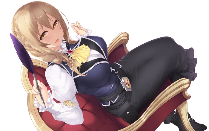 Uketsuke-jou sitting on a chair holding a quill