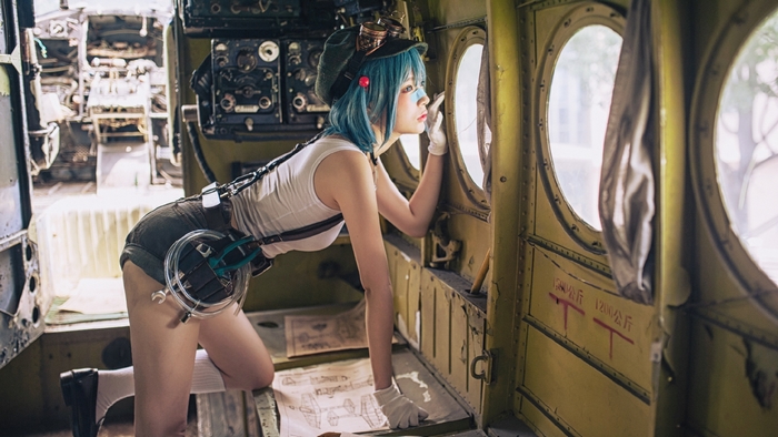 Nitori Kawashiro from Touhou in a cockpit