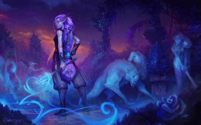 Elf with purple hair and magical wolf in a forest