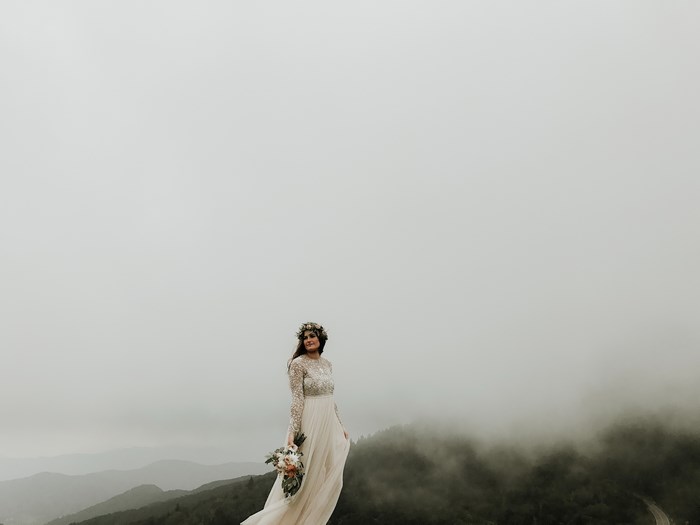 Bride with Flower Crown on Mountain Overlook