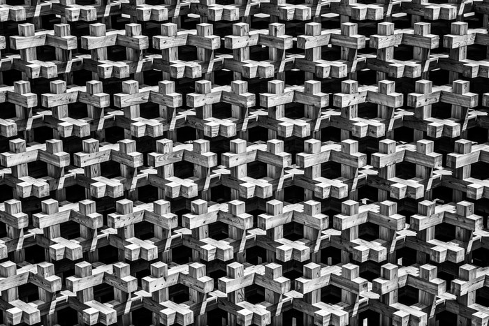 Black and white pattern of wooden blocks