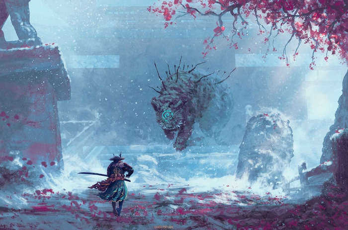 Samurai facing a monstrous tiger creature in a snowy landscape