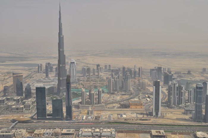 Aerial view of Dubai cityscape with Burj Khalifa