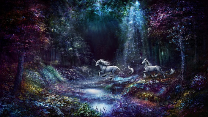 Two unicorns running through a magical forest with sunbeams