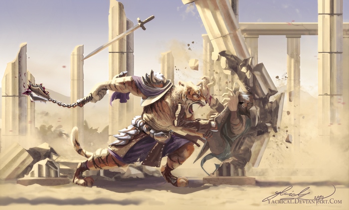 Tiger warrior fighting a knight in desert ruins