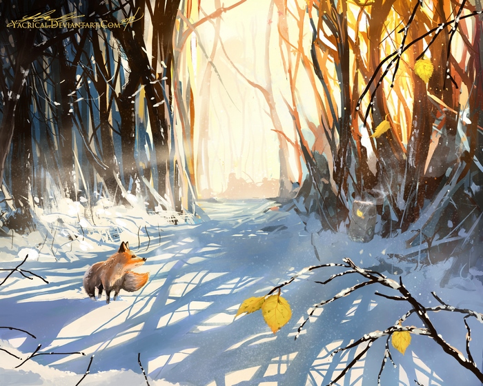 Fox walking through a snowy forest with sunlight