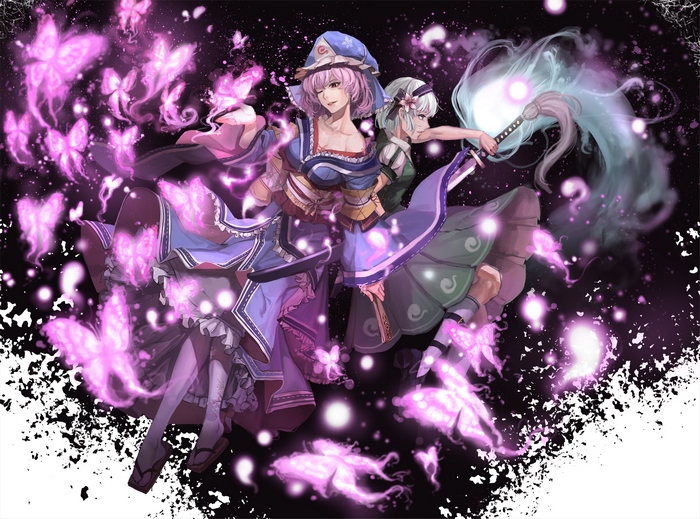 Youmu Konpaku and Yuyuko Saigyouji with pink butterflies