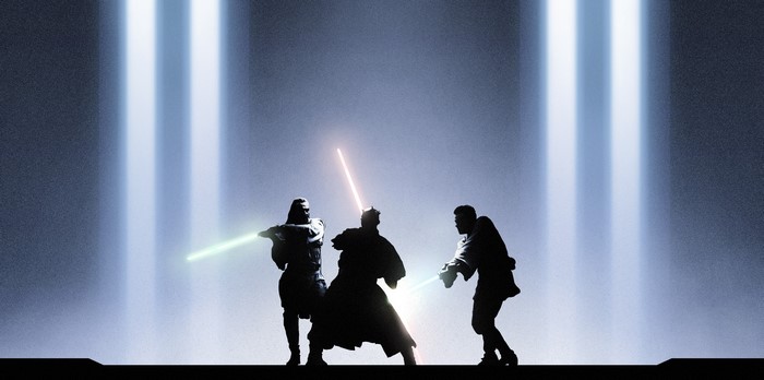 Obi-Wan Kenobi, Darth Maul, and Qui-gon Jinn duel