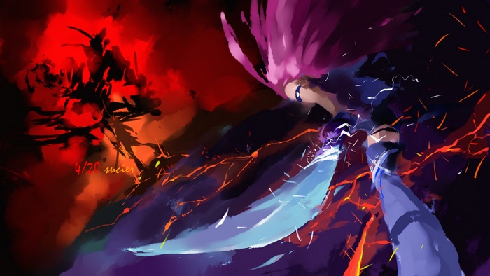 Character with sword in front of red and black background