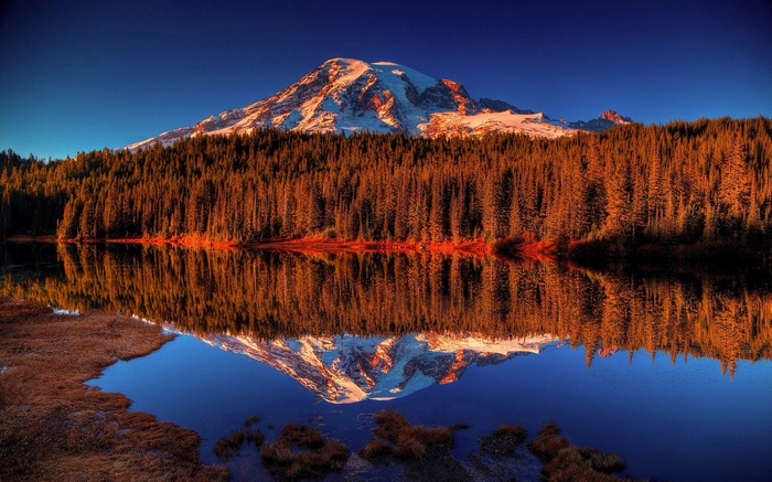 Mount Rainier reflected in a lake at sunset