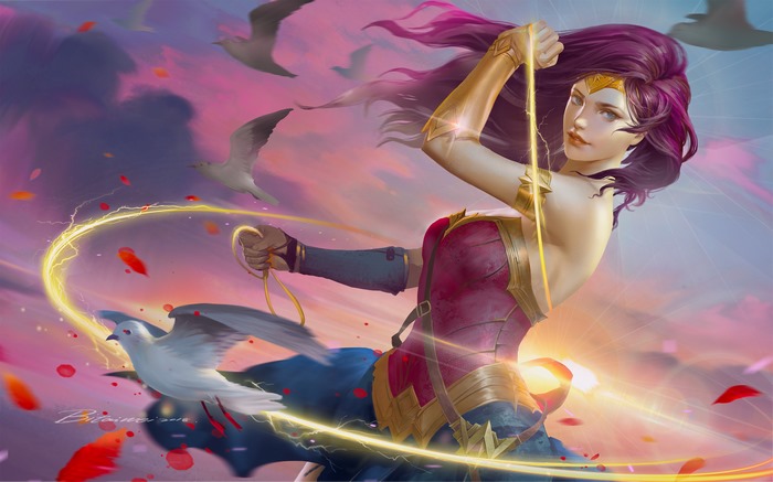 Wonder Woman from DC Comics with Purple Hair and Birds
