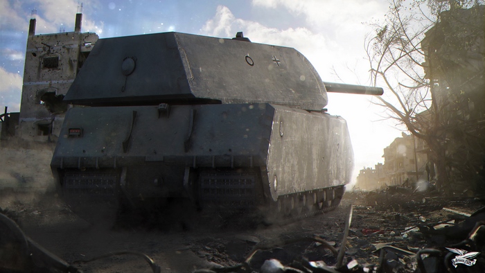 Panzer VIII Maus tank in destroyed city