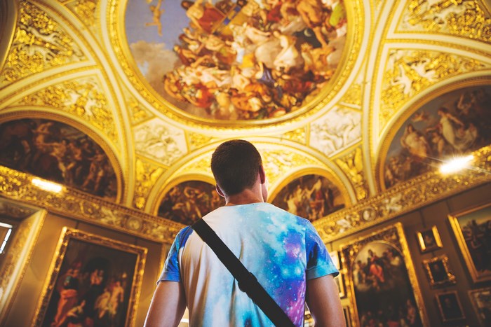 Man admires ornate ceiling and paintings in a museum