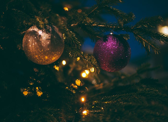 Christmas tree ornaments with bokeh lights