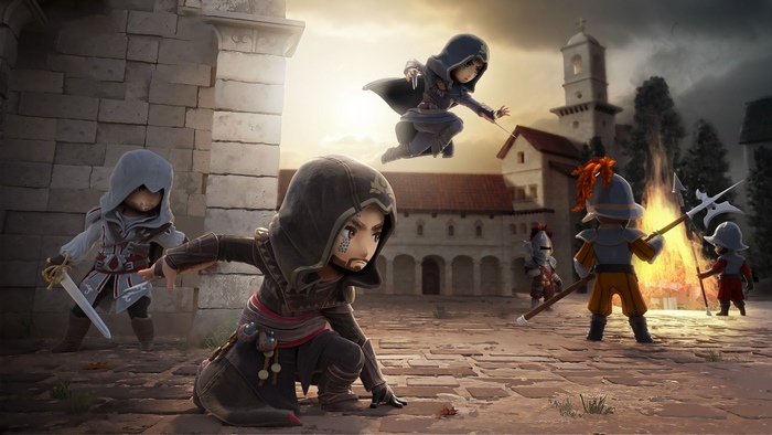 Chibi Assassins Creed characters in a village square