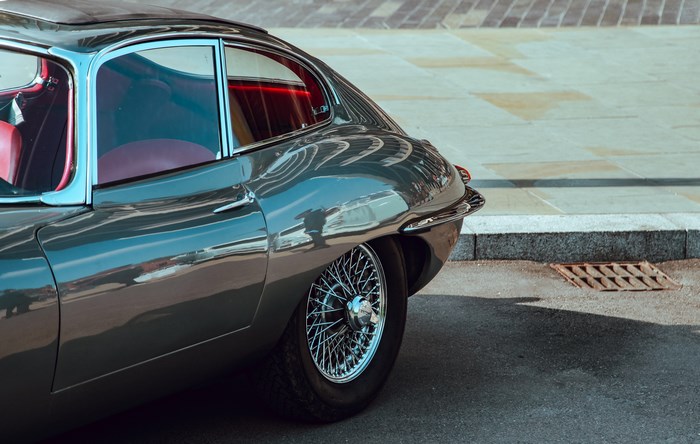 Jaguar E-Type classic sports car with wire wheels
