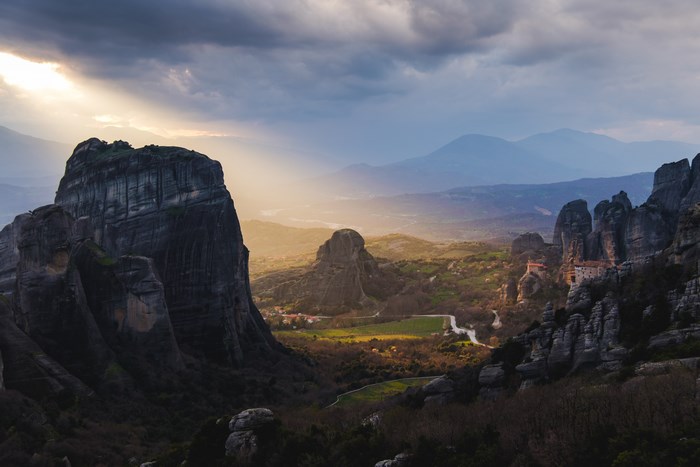 Meteora Greece: Monasteries on Rock Formations at Sunset
