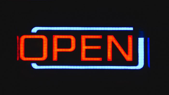 Red and blue neon "OPEN" sign