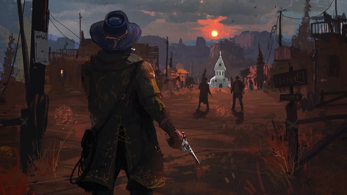 Man with gun in desolate town at sunset