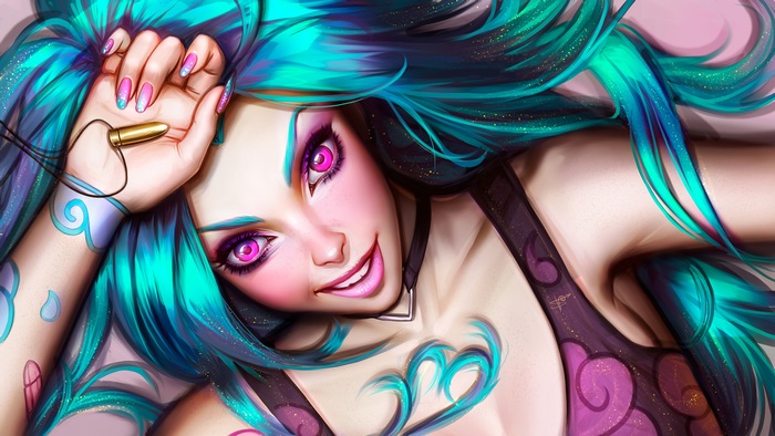 Jinx from League of Legends with blue hair and pink eyes