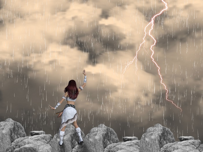 Woman in tribal attire during a lightning storm