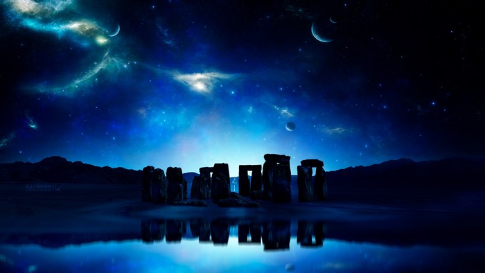 Stonehenge under a starry, alien sky