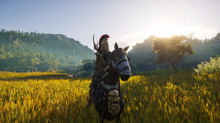 Kassandra from Assassin's Creed Odyssey on horseback