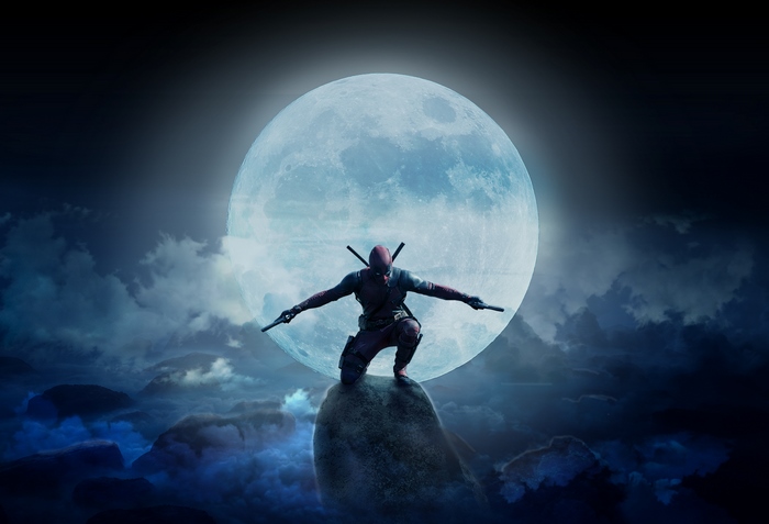 Deadpool on a rock with swords and guns