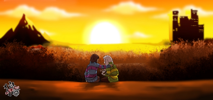Asriel and Frisk from Undertale watching the sunset