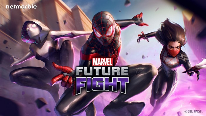 Spider-Gwen, Miles Morales, and Silk from Marvel Future Fight