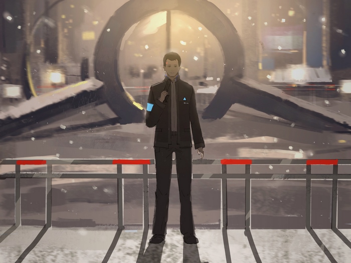 Connor from Detroit: Become Human in a snowy city