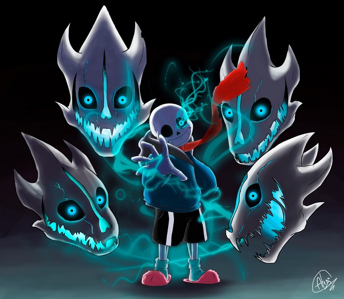 Undertale Sans with Glowing Blue Skull Spirits