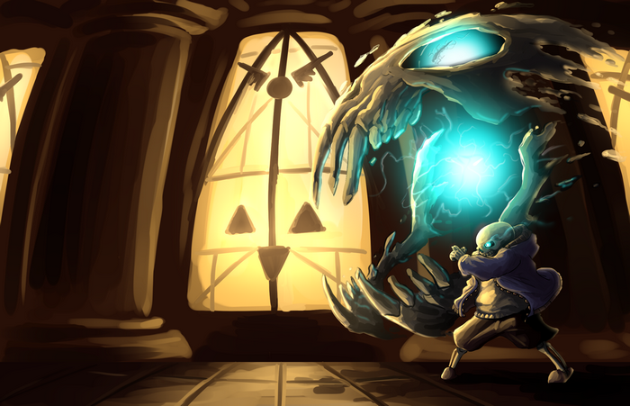 Sans from Undertale fighting with a giant skull