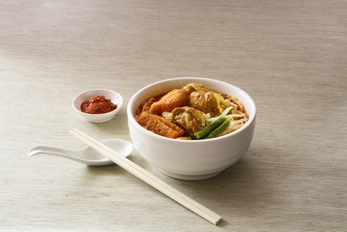 Bowl of Curry Noodles with Chicken and Tofu
