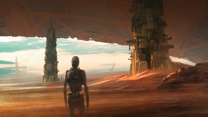 Robot on a desert planet with futuristic structures