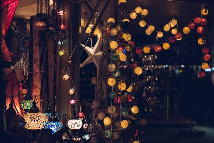 Christmas lights and lanterns at a market